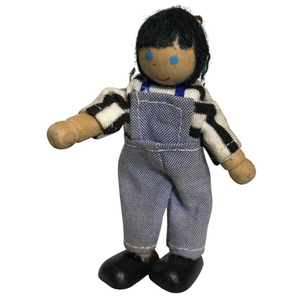 Wooden Doll With Striped Shirt & Overalls 3.75" Blue Eyes, Black Shoes